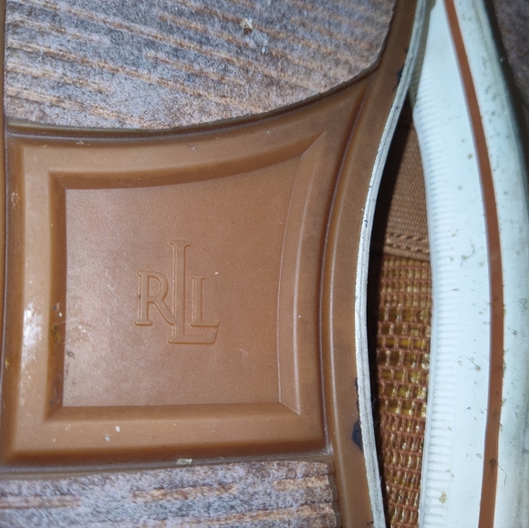 Ralph Lauren Women's 9.5B Brown Straw Sneaker Loafer Gold Logo Shoes Flats - Picture 7 of 10